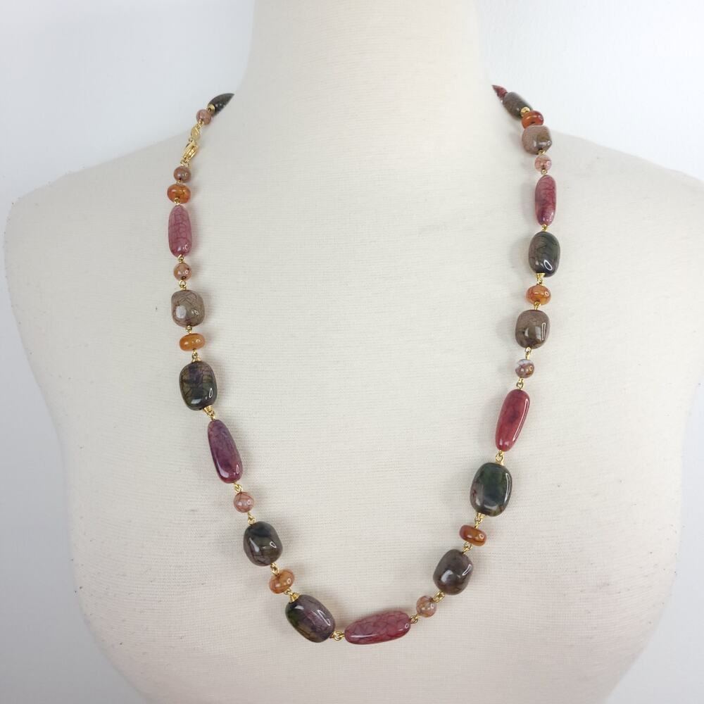 Liz Claiborne Purple Green Earthy Tone Glass Bead Necklace Gold Toned Metal 29"
